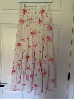Smocked Waist White Maxi Skirt with Pink & Yellow Floral Print